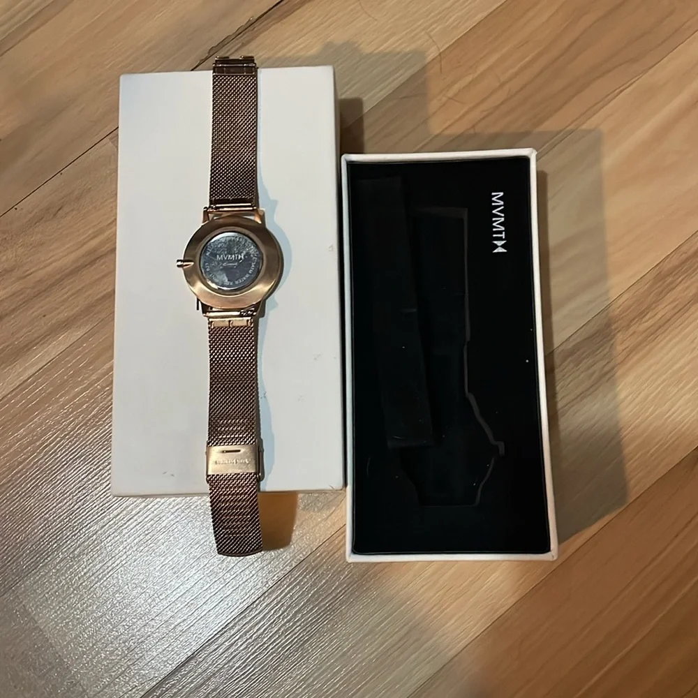 MVMT Rose Gold Mesh Bracelet Watch with Iridescent Mother-of-Pearl Dial